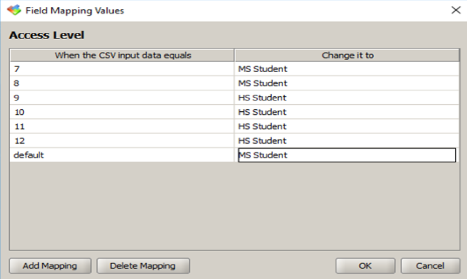 Field Mapping Values popup